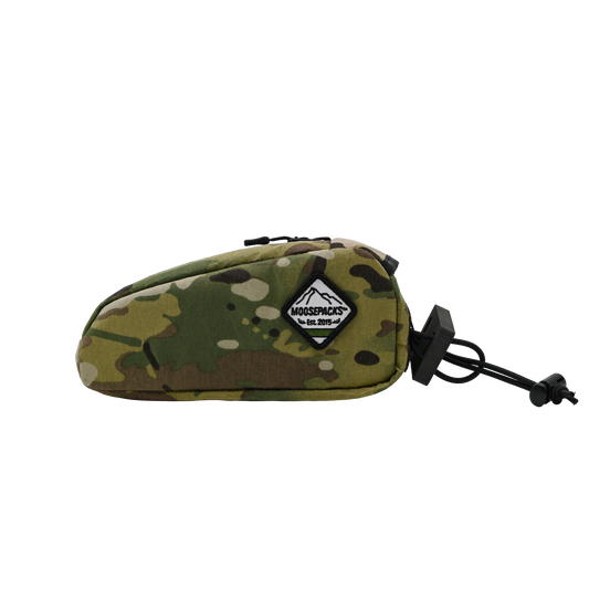 Multi Camo MoosePacks bolt-on cycling top tube pouch featuring integrated direct mount holes and YKK water-resistant zipper.
