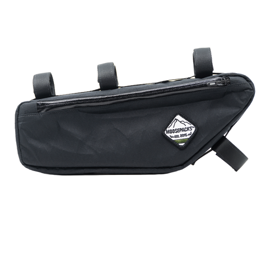 Black MoosePacks Large bicycle frame bag made with premium water-resistant X-Pac fabric mounted inside a gravel bike front triangle.