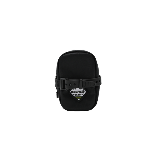 Black MoosePacks bicycle seat bag mounted securely to bike saddle rails, showing the durable water-resistant sailcloth fabric and YKK zipper.