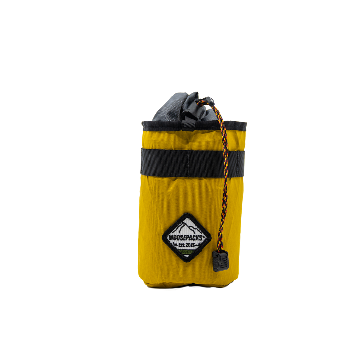 SunnySide bright yellow MoosePacks bicycle snack pouch and bottle holder mounts to handlebar and stem.