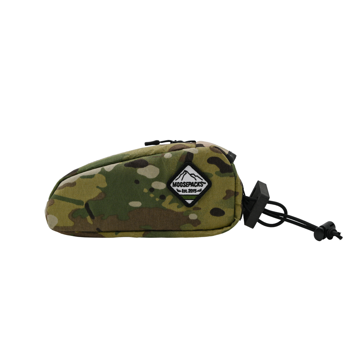Multi Camo MoosePacks bolt-on cycling top tube pouch featuring integrated direct mount holes and YKK water-resistant zipper.