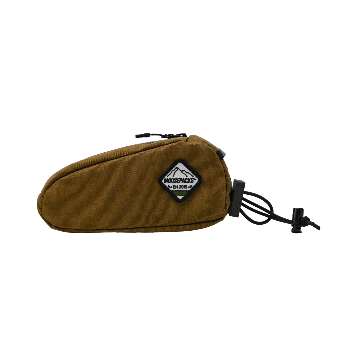 Coffee brown MoosePacks bolt-on bento box fuel bag showing structured side panels and front cable routing port.