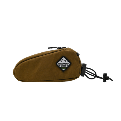 Coffee brown MoosePacks bolt-on bento box fuel bag showing structured side panels and front cable routing port.