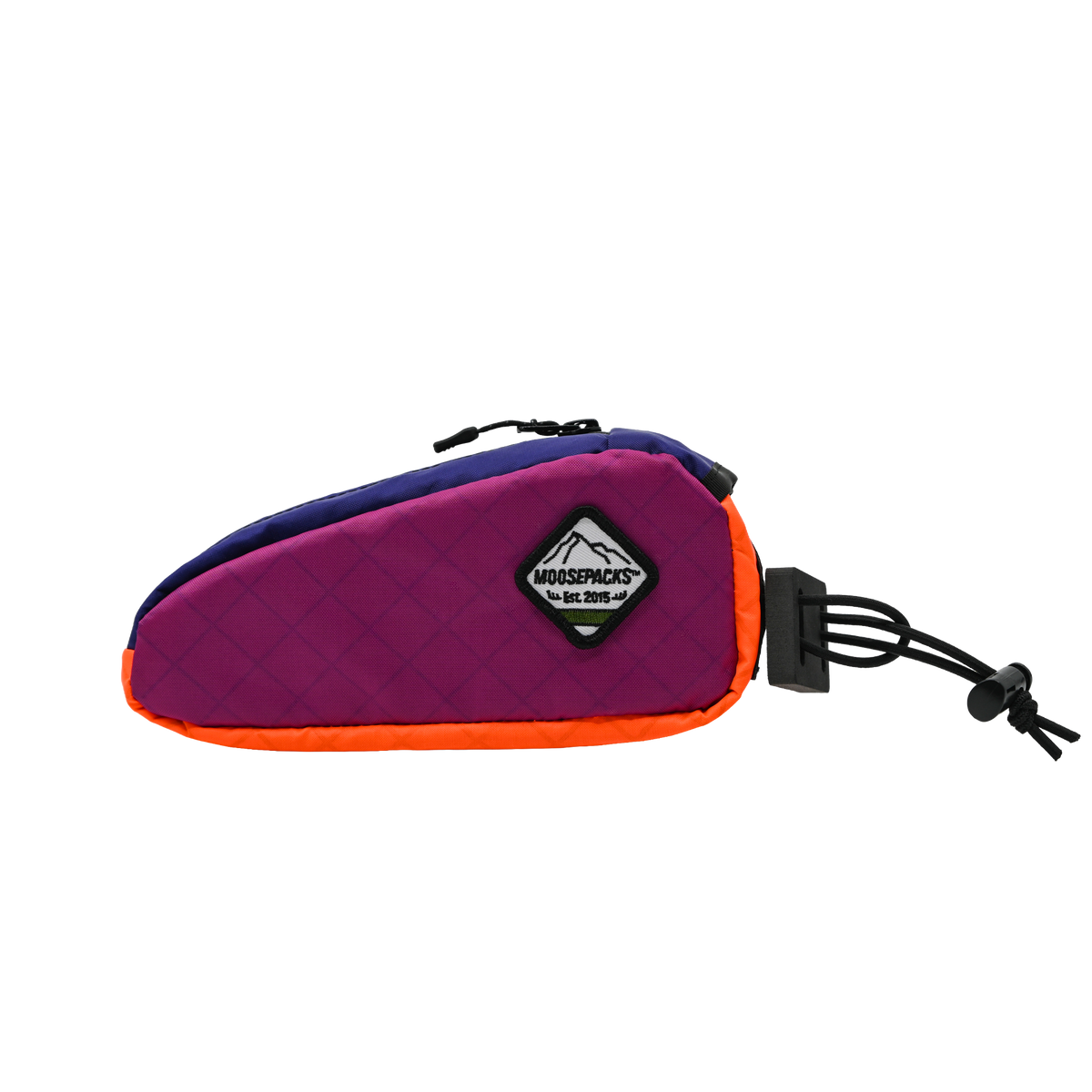 Bright fuchsia, orange MoosePacks bolt-on top tube frame bag featuring internal stash pocket and built-in key ring clip.