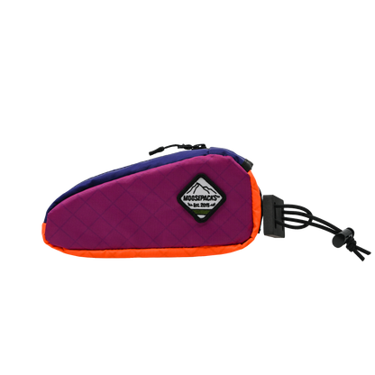 Bright fuchsia, orange MoosePacks bolt-on top tube frame bag featuring internal stash pocket and built-in key ring clip.