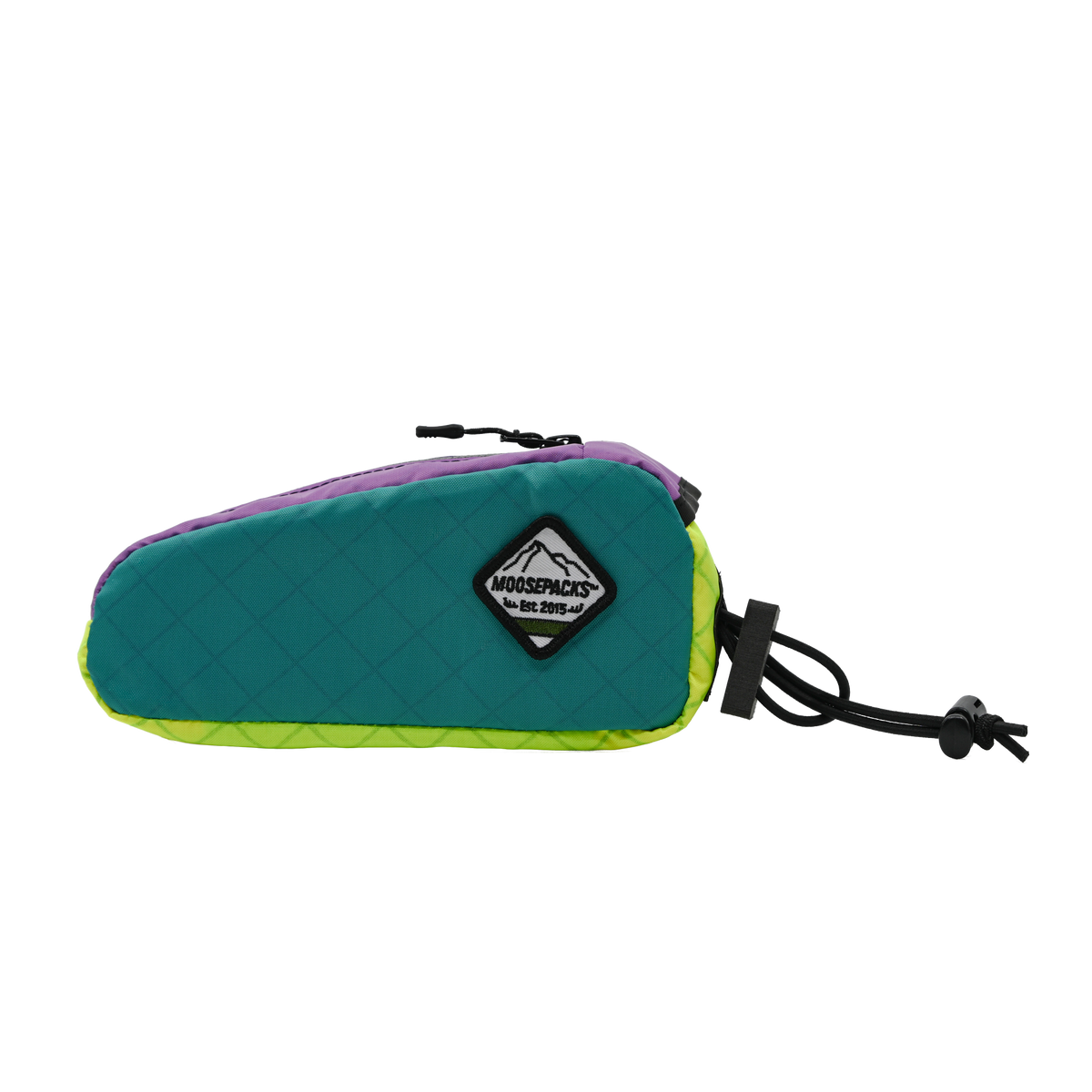 Teal, lilac, HiVis, aerodynamic MoosePacks bolt-on bike storage pack with plastic bottom insert and protective bolt cover.
