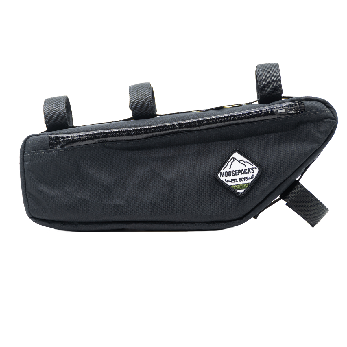 Black MoosePacks Large bicycle frame bag made with premium water-resistant X-Pac fabric mounted inside a gravel bike front triangle.