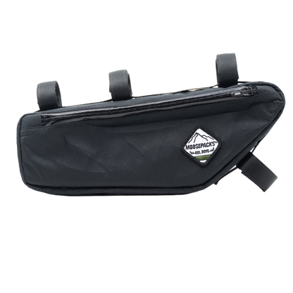 Black MoosePacks Large bicycle frame bag made with premium water-resistant X-Pac fabric mounted inside a gravel bike front triangle.
