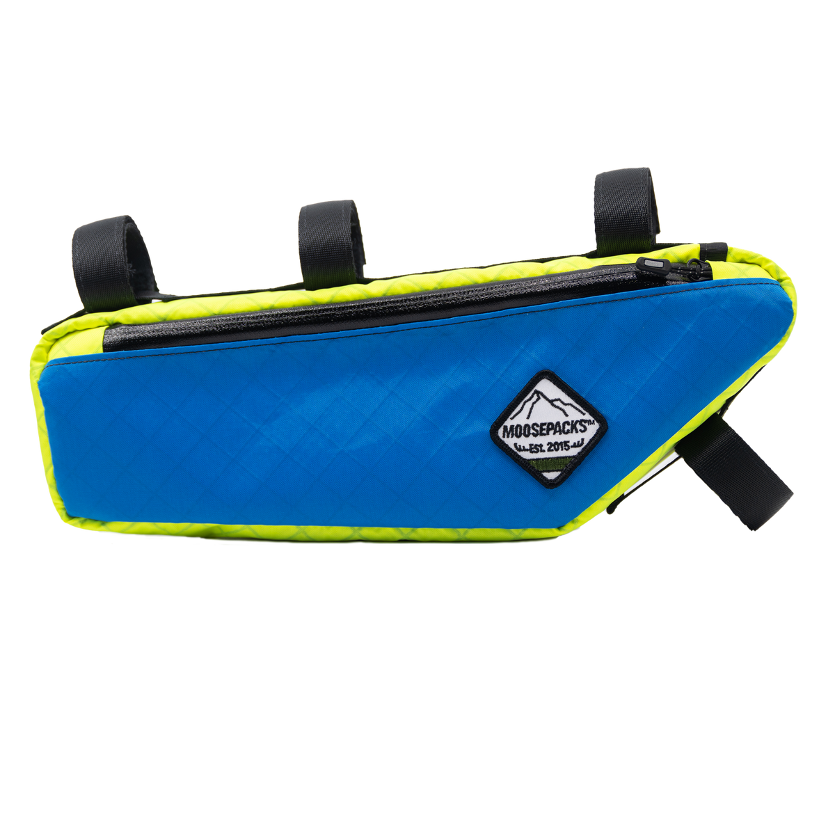 Blue MoosePacks Large frame pack showing heavy-duty zipper closure and secure multi-point hook and loop attachments.