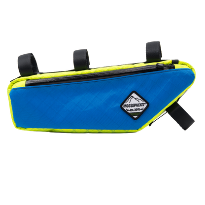 Blue MoosePacks Large frame pack showing heavy-duty zipper closure and secure multi-point hook and loop attachments.