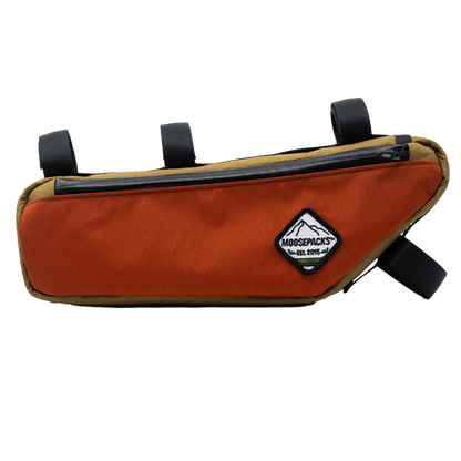 RedFern deep crimson red MoosePacks gravel bike half frame bag featuring a slim profile to clear water bottles . 