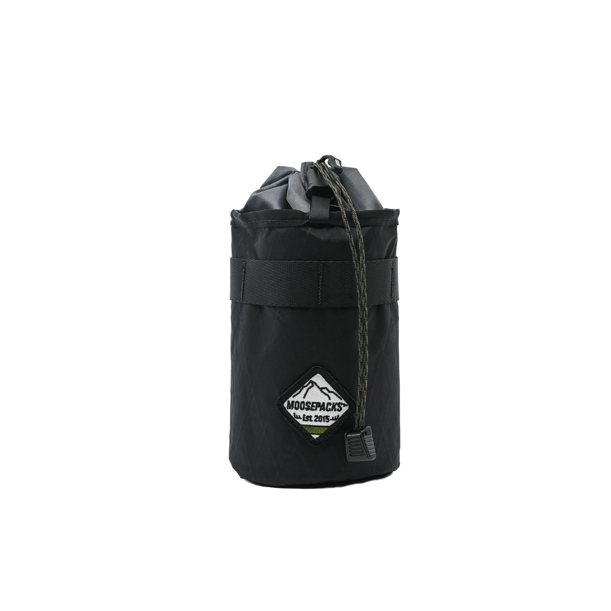 Black MoosePacks 1.2L bicycle stem bag made of sustainable recycled x-pac fabric. 