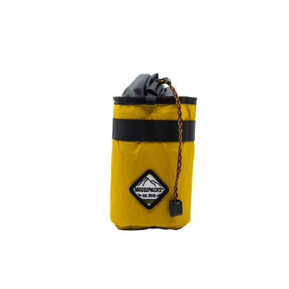 SunnySide bright yellow MoosePacks bicycle snack pouch and bottle holder mounts to handlebar and stem. 